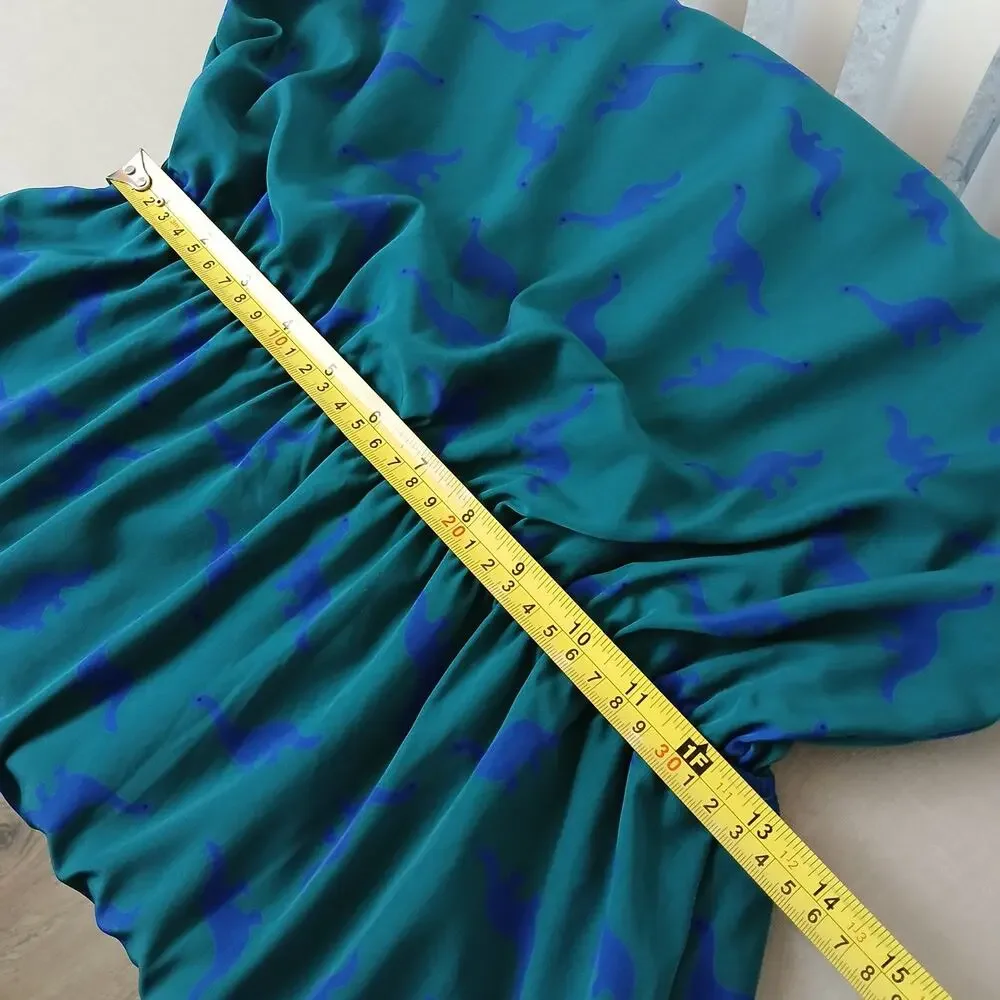 Peach Love California ModCloth Dino Print Dress M green blue blouson midi - Picture 11 of 13